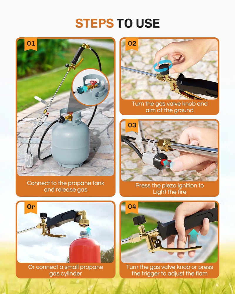 WELLUCK Propane Torch Weed Burner, Weed Torch 340,000 BTU Weeder Torch with CGA 510 11.5FT Hose, Heavy Duty Blow Torch with Self Igniter for Weeding, Barbecue, Asphalt, Snow Melting - Image 4